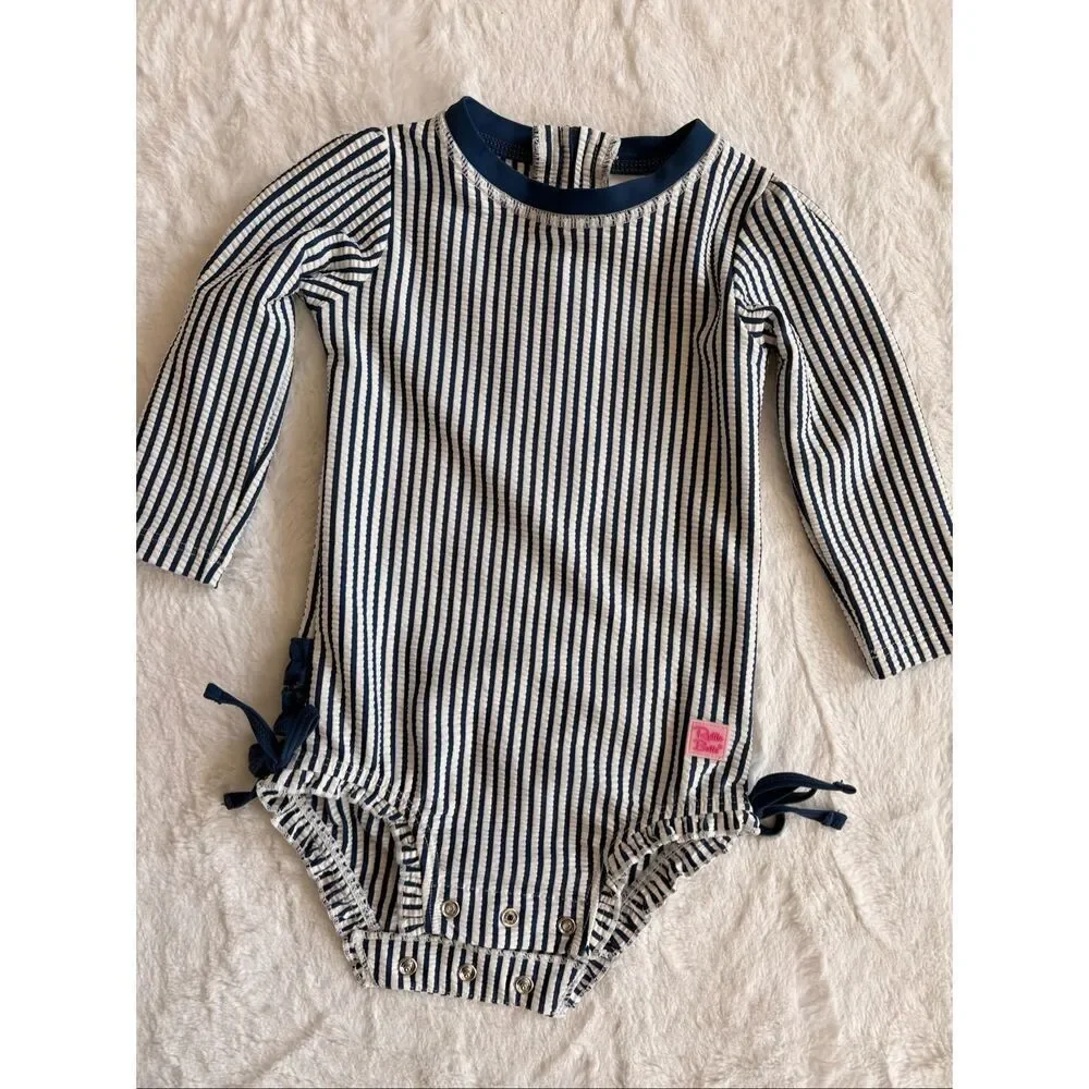 Ruffle butts baby girl  striped blue and white swim size 12-18 Months